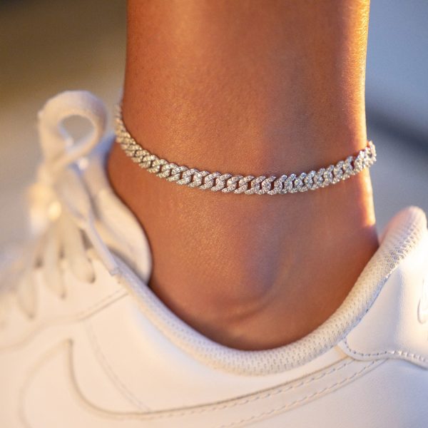 Micro Diamond Prong Cuban Anklet in White Gold - 6mm For Cheap