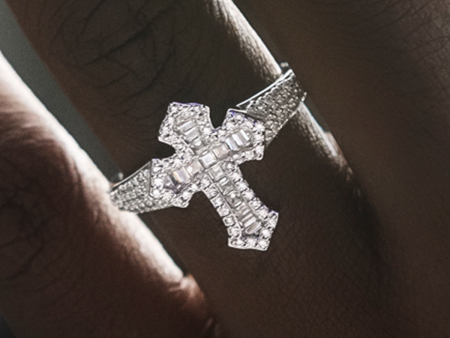 Diamond Baguette Gothic Cross Ring in White Gold Vermeil Online Sale