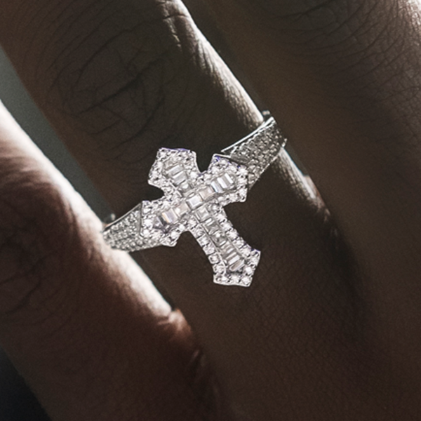 Diamond Baguette Gothic Cross Ring in White Gold Vermeil Online Sale