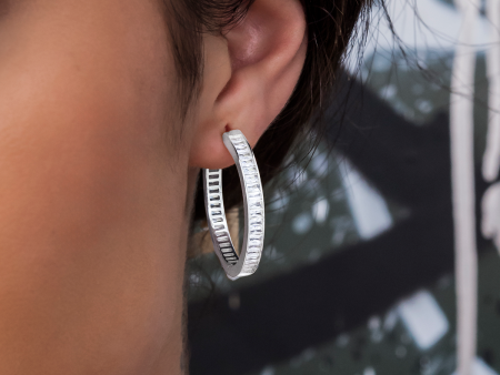 Baguette Hoop Stud Earrings in White Gold For Sale