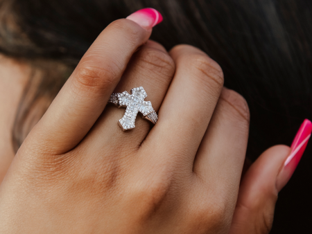 Diamond Baguette Gothic Cross Ring in White Gold Vermeil on Sale