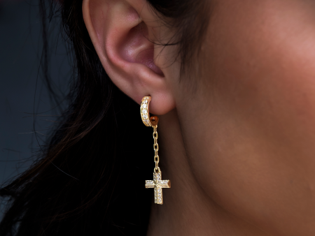 Alternate Cross Drop Hoop + Iced Hoop Huggie Earring Set Cheap