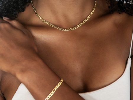 Figaro Chain + Bracelet Bundle in Yellow Gold- 4mm For Cheap