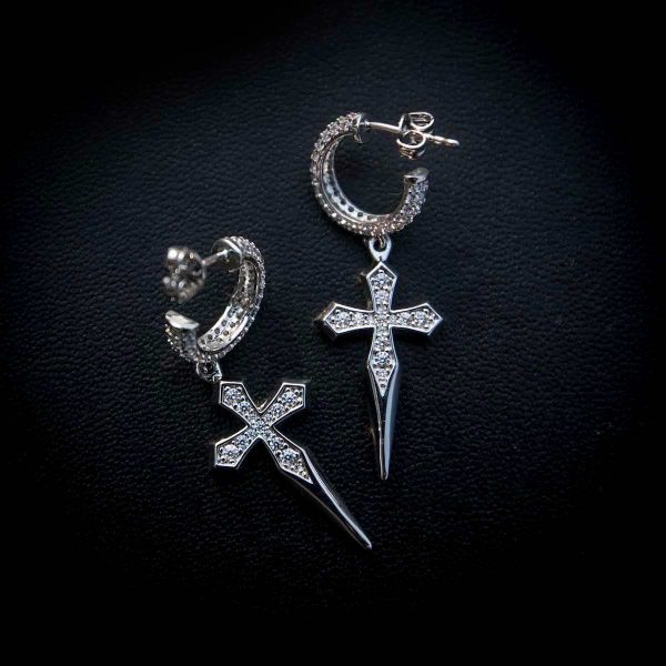 Dripping Cross Hoop Earrings in White Gold For Cheap