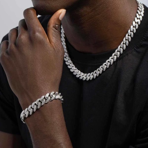 Diamond Cuban Chain + Bracelet Bundle in White Gold - 12mm For Sale