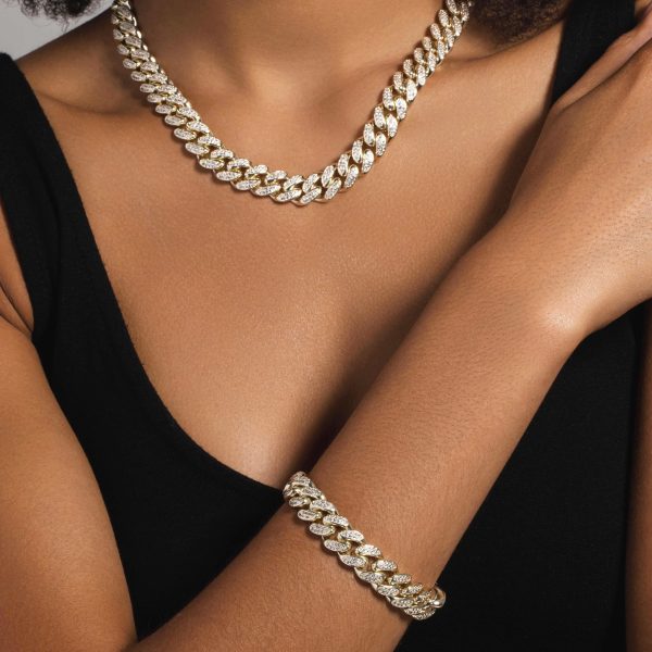 Diamond Cuban Link Necklace + Bracelet Bundle in Yellow Gold- 12mm Online