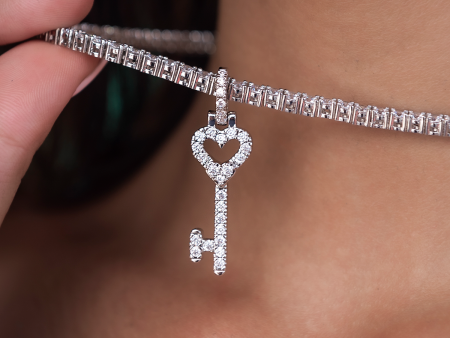 Diamond Heart Key Pendant in White Gold For Discount