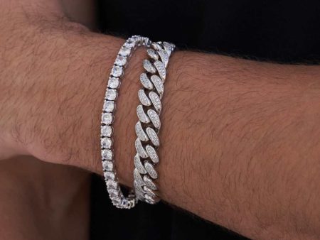 12mm Diamond Cuban + 5mm Tennis Bracelets Bundle - White Gold Online