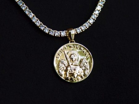 14k Solid Gold Saint Michael Coin Pendant For Sale