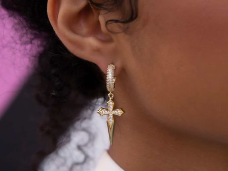 14k Solid Gold Dripping Cross Hoop Earrings on Sale