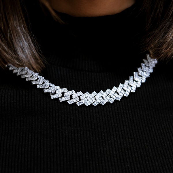 Baguette Prong Set Cuban Necklace in White Gold- 12mm Online now