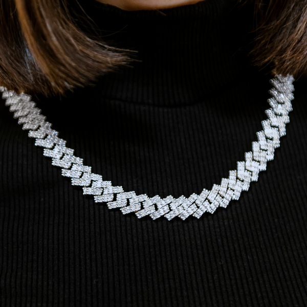 Baguette Prong Set Cuban Necklace in White Gold- 12mm Online now